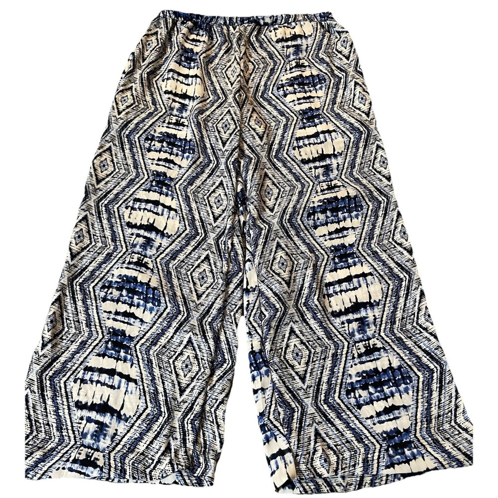 80s Romeo & Juliet Palazzo Pants Sz L Blue Abstract Wide Leg Beach Boho USA Made